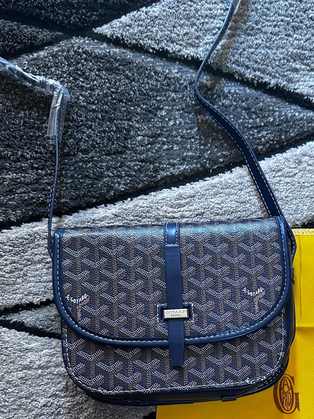 Navy Chevron Crossbody Bag with Leather Trim